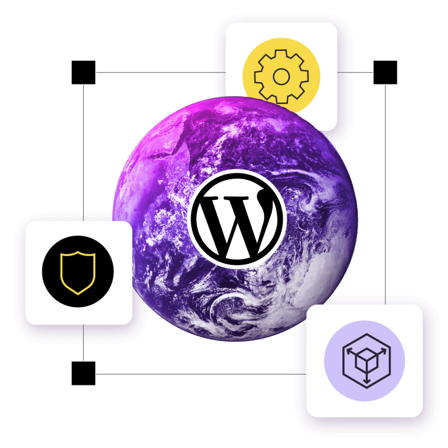 A collage featuring a planet with the WordPress logo