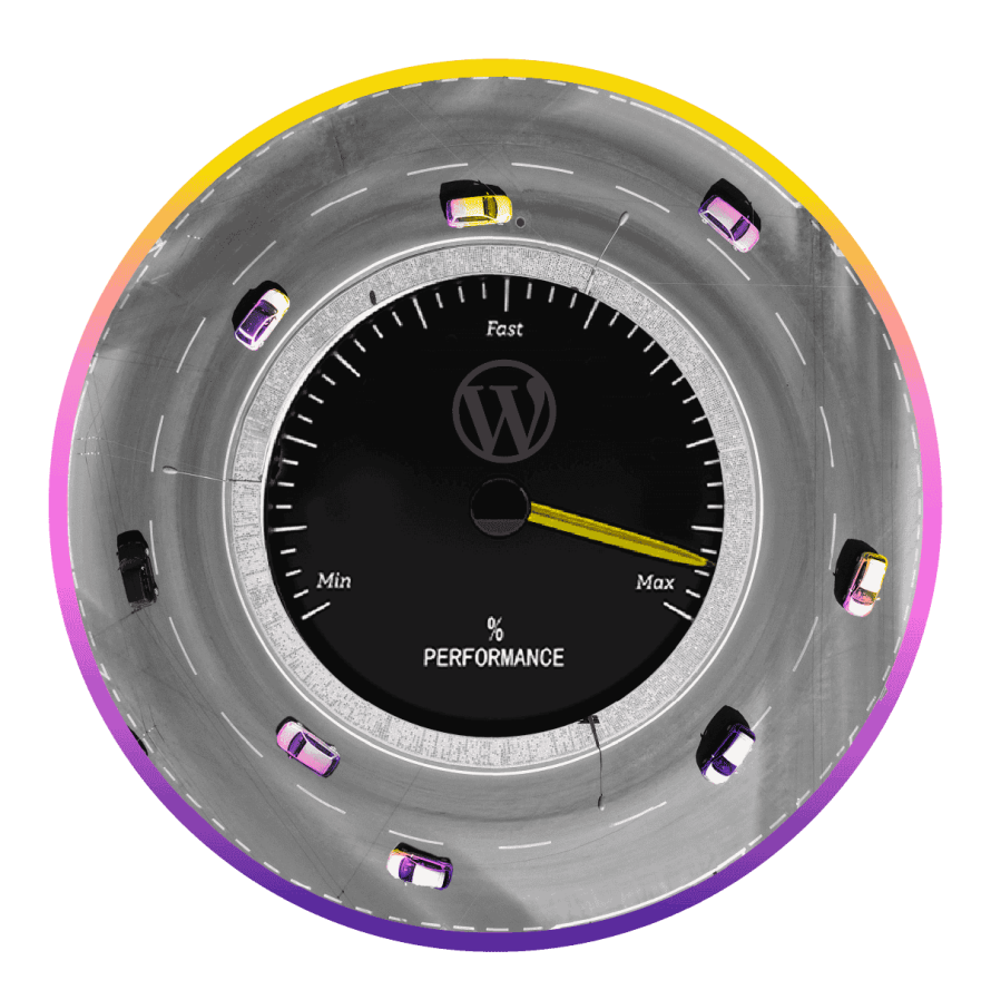 A collage featuring a speedometer and cars circling around a WordPress dial, symbolizing high-traffic WordPress performance optimization.