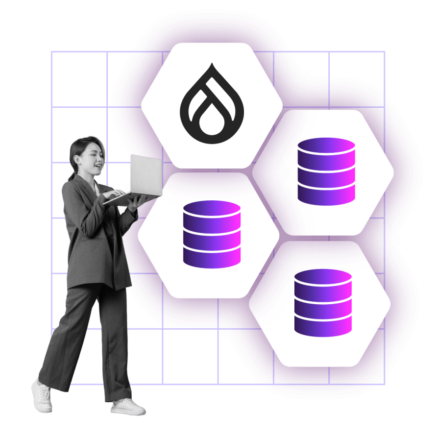 A collage featuring a person managing connected Drupal and database icons, symbolizing enterprise Drupal setup and infrastructure.