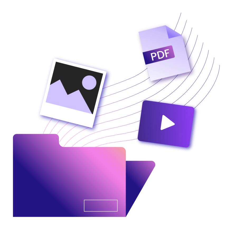 A collage featuring a folder with floating icons for images, PDFs, and videos, symbolizing enterprise digital asset management.