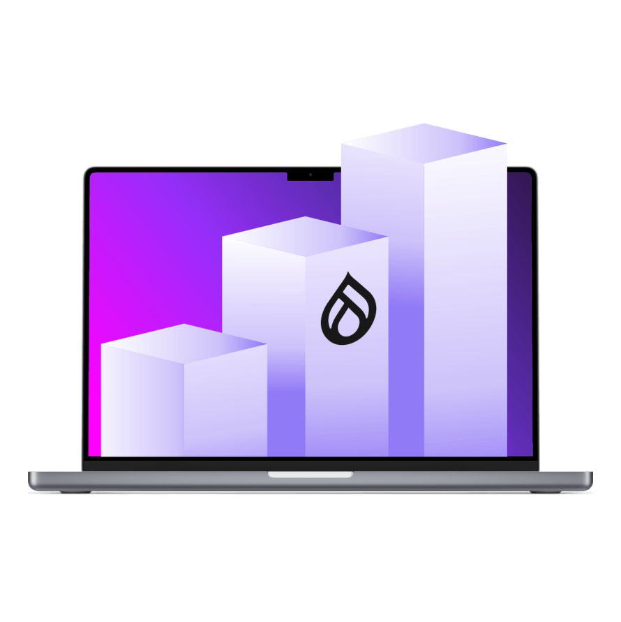 A collage featuring a laptop with rising bar charts and the Drupal logo, symbolizing growth and performance in enterprise Drupal environments.