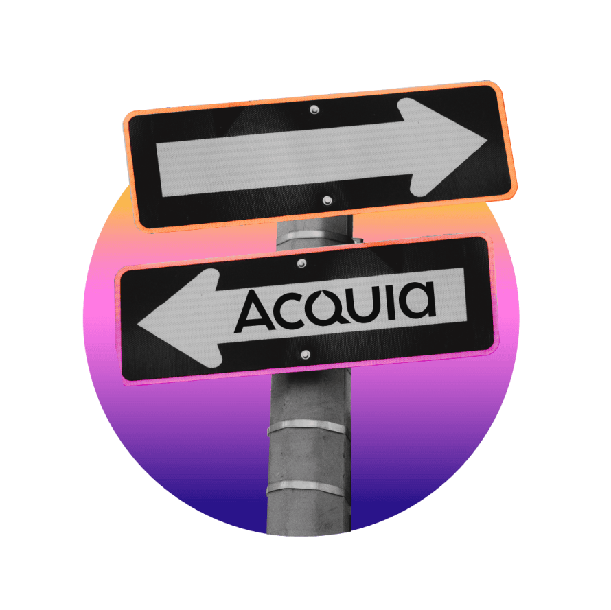 A collage featuring street signs with arrows pointing in different directions, one marked "Acquia," symbolizing the decision-making process for choosing an Acquia alternative.