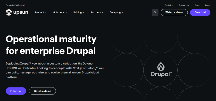 Upsun’s homepage for Drupal hosting.