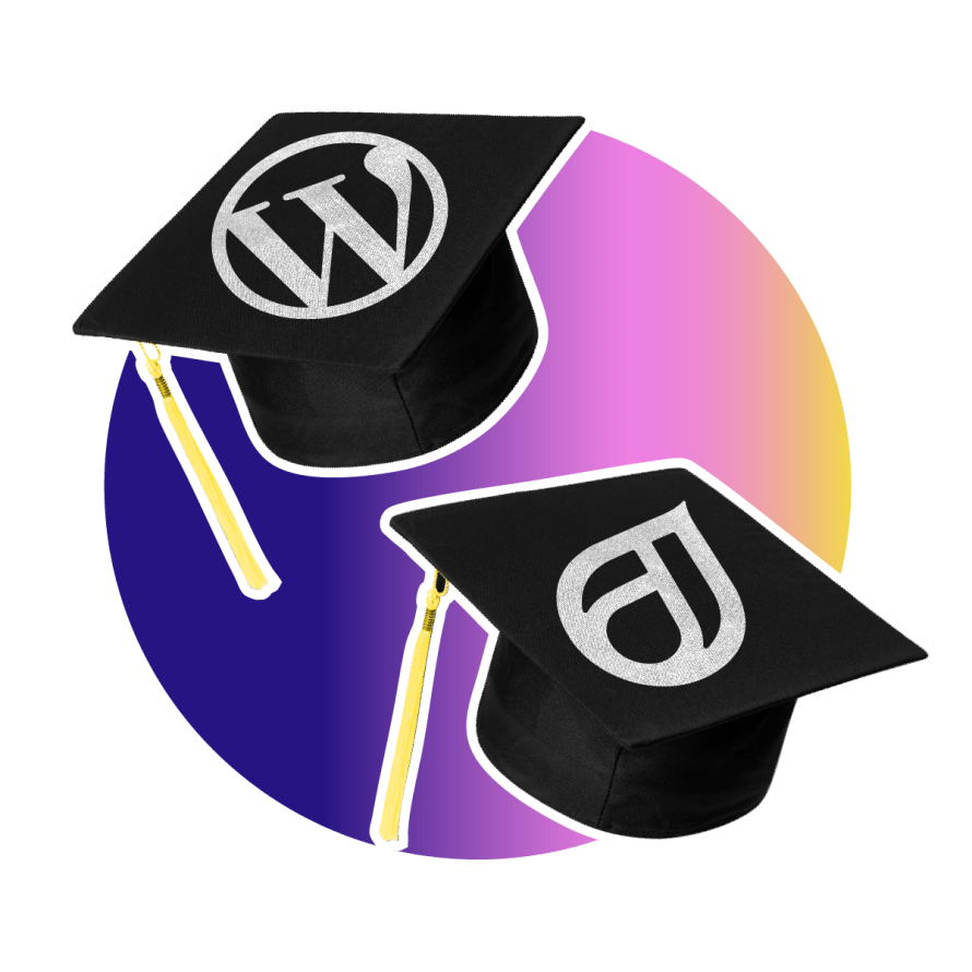A collage featuring graduation caps with WordPress and Drupal logos, symbolizing a comparison of CMS platforms for universities and higher education.
