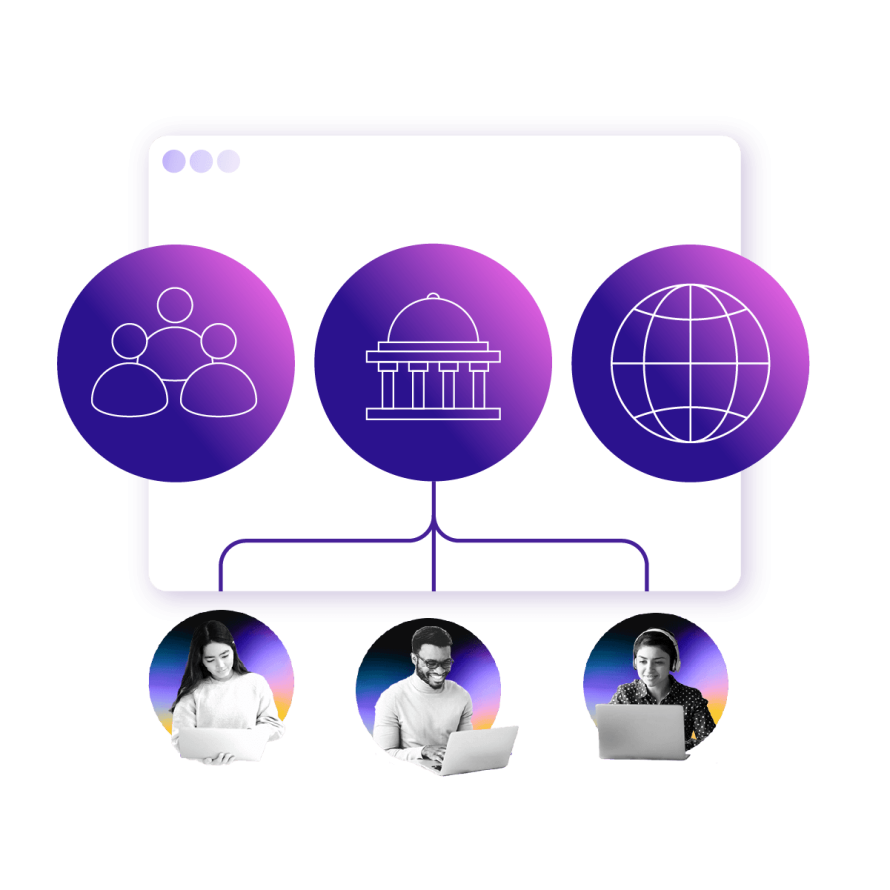 A collage showing governance, compliance, and global access icons with teams collaborating, representing website governance best practices.