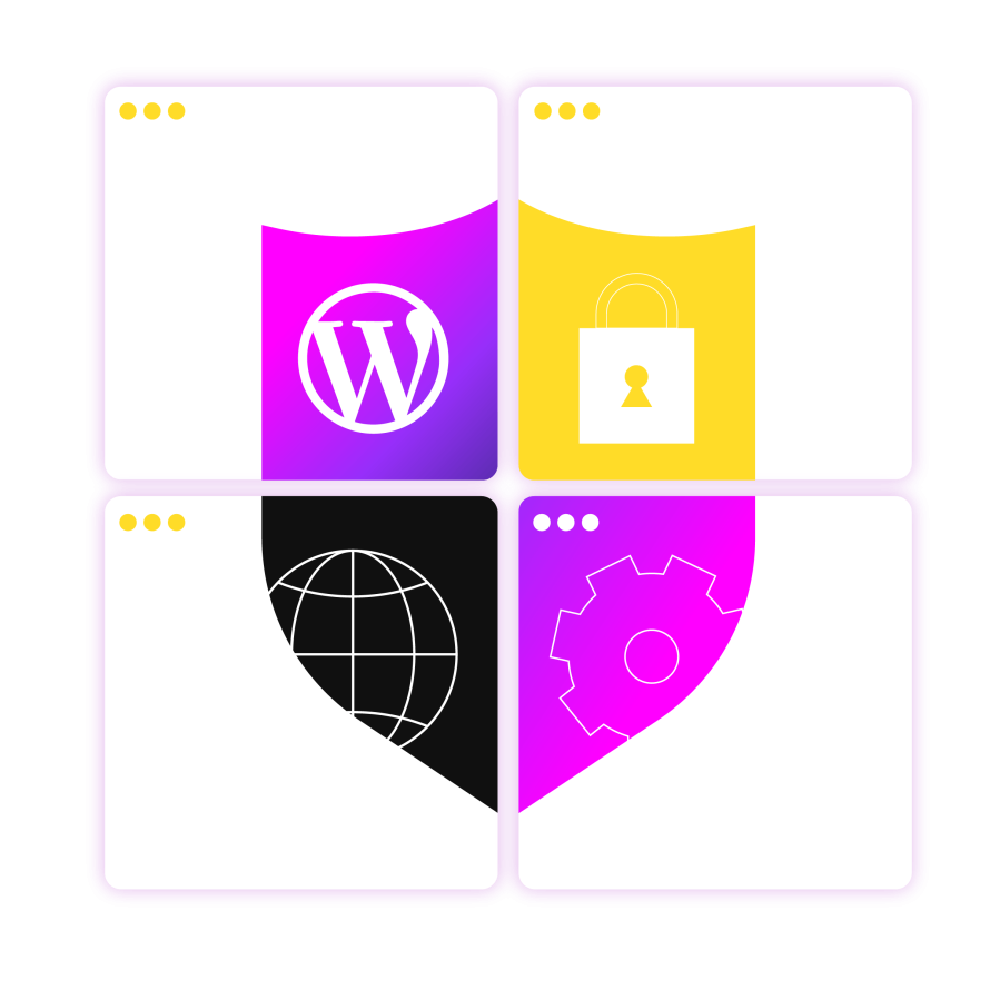 An illustration showing WordPress Multisite security concepts, including access control, global governance, configuration management, and network-wide protections.