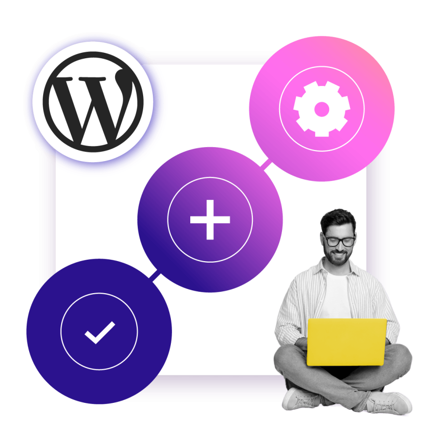 A collage featuring WordPress multisite icons and a user working on a laptop, symbolizing WordPress multisite setup and configuration.