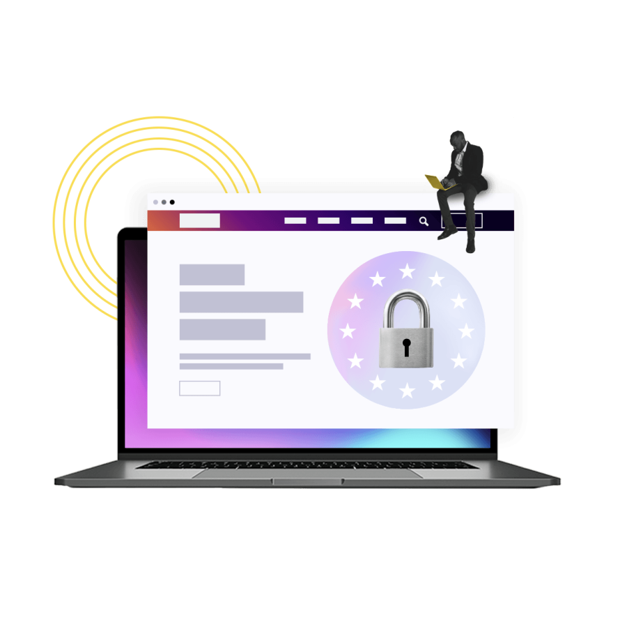 WordPress GDPR compliance illustration showing a secure website with EU data protection and privacy safeguards.