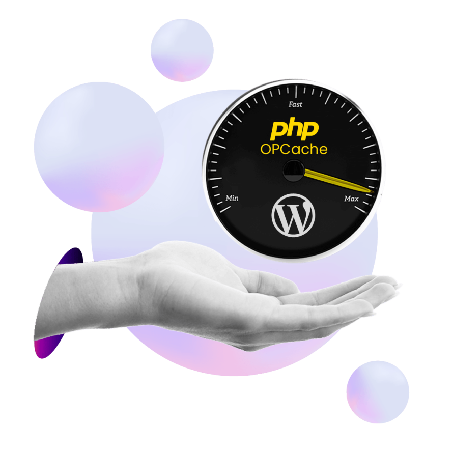 WordPress PHP OPcache performance illustration showing a speed gauge optimized for faster load times and server efficiency.