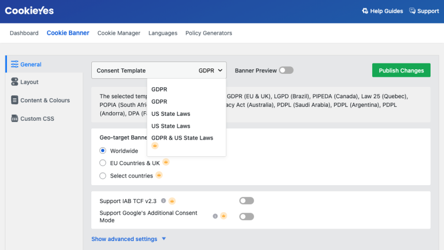 CookieYes regulation selector