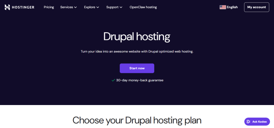 The homepage for Drupal hosting on Hostinger.