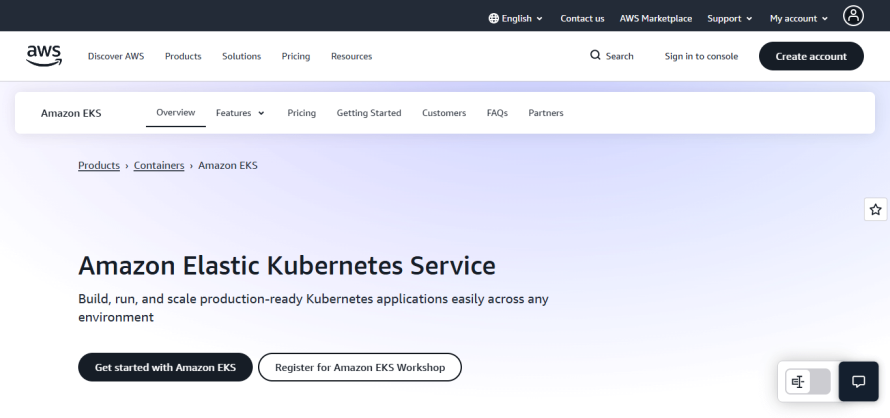 Amazon Elastic Kubernetes Service’s homepage.