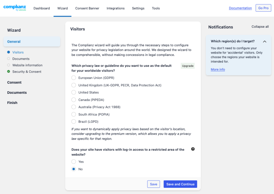 Complianz privacy law selector