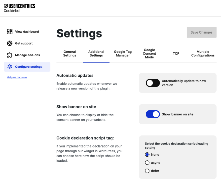 Cookiebot additional settings
