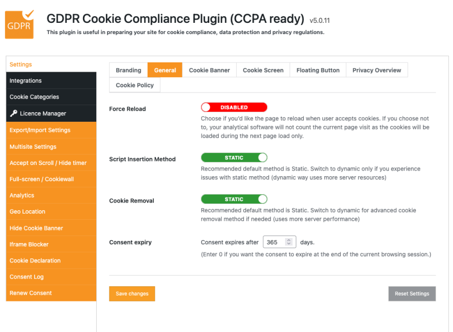 GDPR Cookie Compliance by Moove general settings