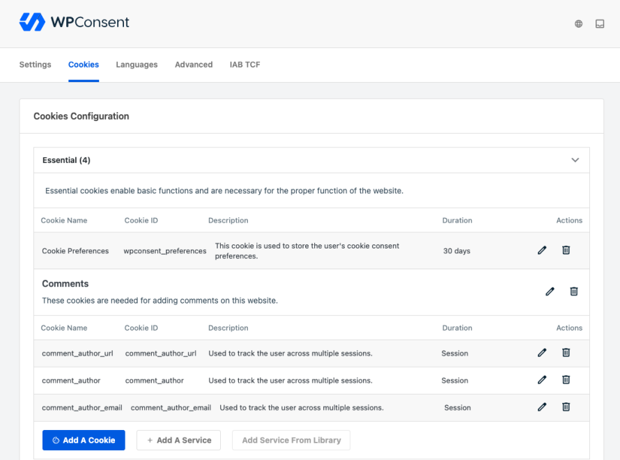WPConsent cookie settings dashboard