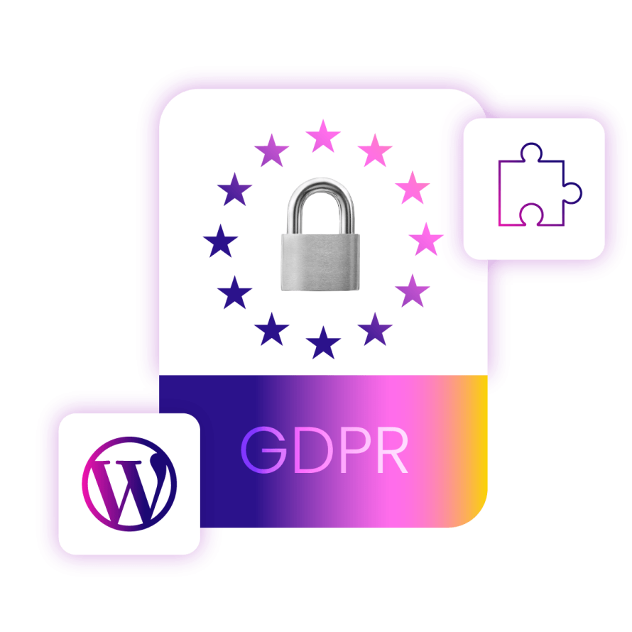 WordPress GDPR compliance illustration showing privacy protection, EU data security, and plugin integration.