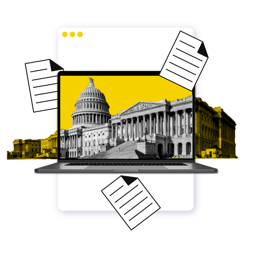 A collage featuring a laptop displaying the U.S. Capitol building, surrounded by document icons and a browser window on a black background.
