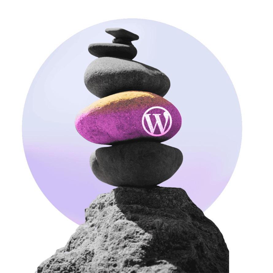 A collage of multiple pebbles and the WordPress logo