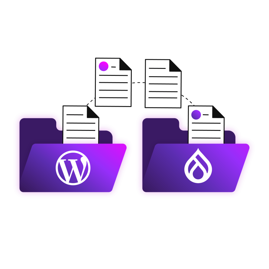 WordPress to Drupal migration illustration showing content transferred between CMS platforms.