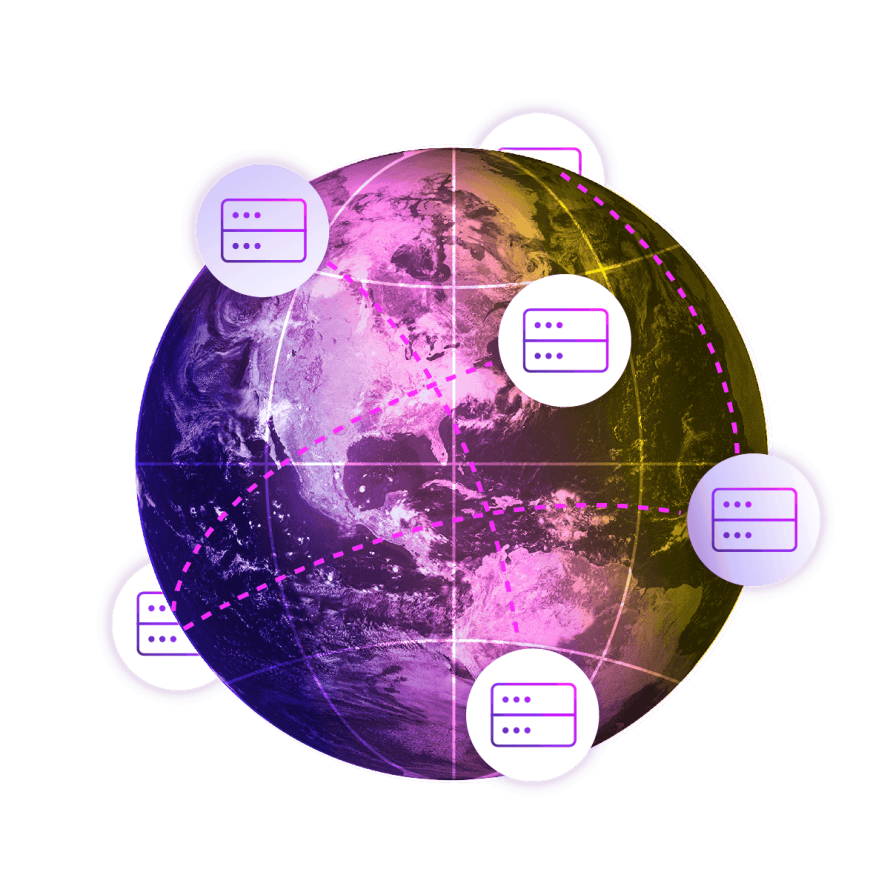 Multi-CDN illustration showing global content delivery routing across multiple networks for improved performance and reliability.
