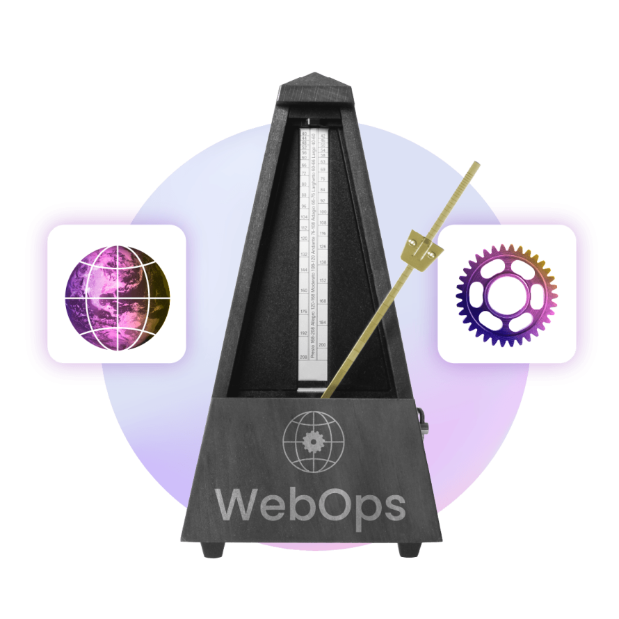 WebOps illustration showing coordinated website operations, development workflows, and system management working in sync to keep web applications running smoothly.
