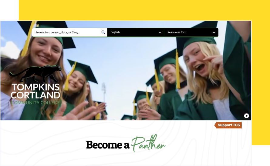 Tompkins Cortland Community College homepage on yellow background