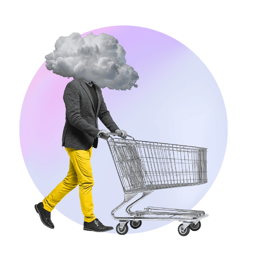 A collage showing a man with a cloud instead of a head pushing a shopping trolley