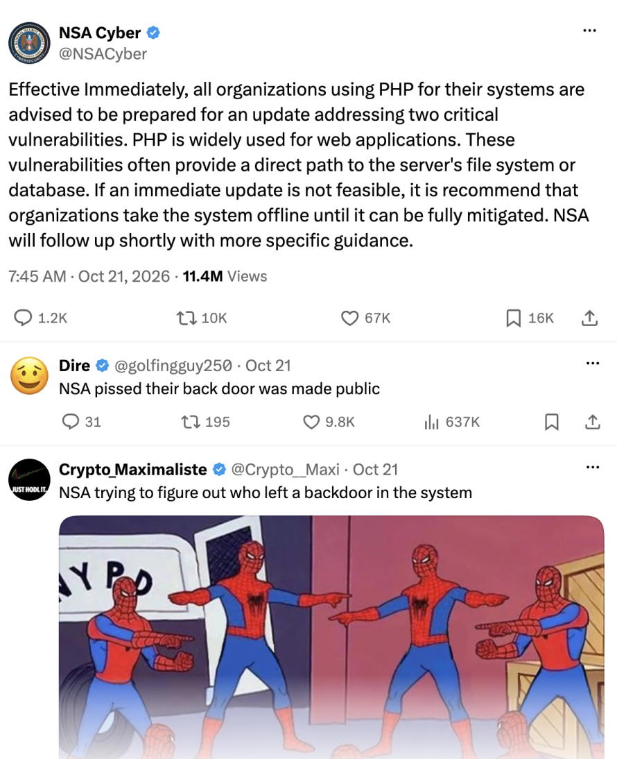 A screenshot from the NSA Cyber X account advising organizations using PHP to prepare for an update, and if an immediate update was not feasible, to take systems offline until they could be fully mitigated. 