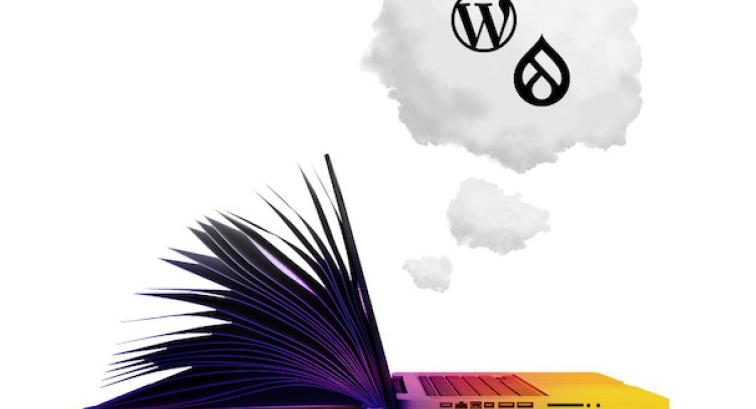 Pantheon Higher Education - Open laptop with cloud above that includes the wordpress and drupal logos