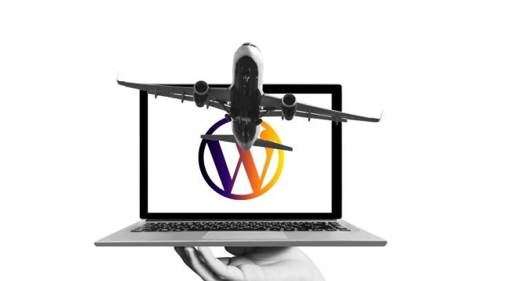 A collage featuring an airplane taking off the laptop screen with a WordPress logo in the background. 