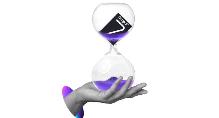 A collage featuring a hand with an hourglass and the Drupal 7 logo slipping through. 