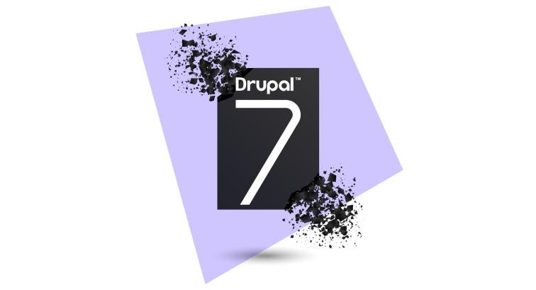 A collage featuring a crumbling image of Drupal 7. 