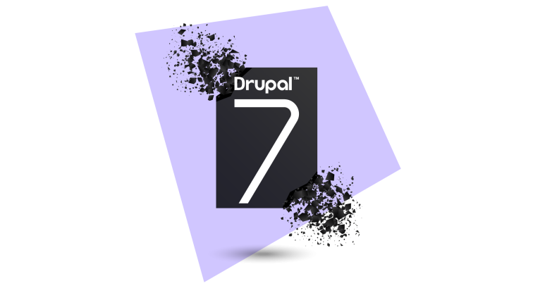 A collage featuring a crumbling image of Drupal 7. 