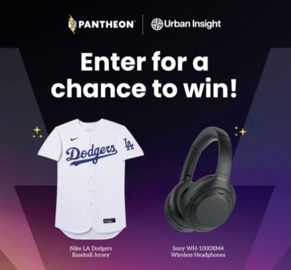 Pantheon and Urban Insight logos on the purple background with raffle details. 