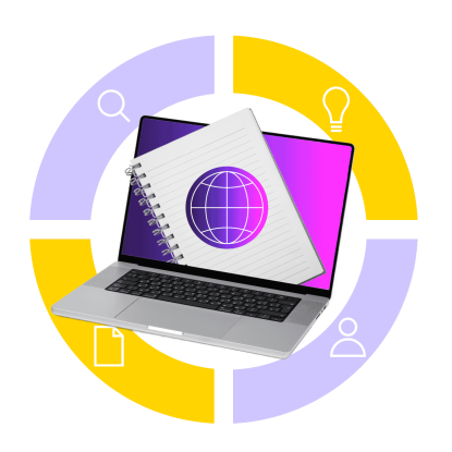 A collage featuring a laptop with an image of a notebook embossed with an image of a globe.