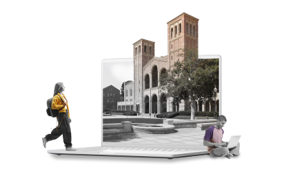 A collage featuring two students against the laptop background with a university building showing on its screen.