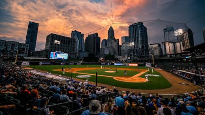 Image of truist field with Charlotte skyline
