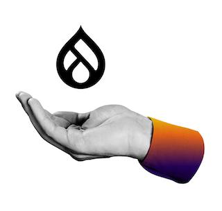 Pantheon Drupal Support - Drupal Logo floating above cupped hand with an orange gradient cuff.