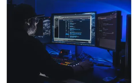 Man working on computer in dark room with blue lights