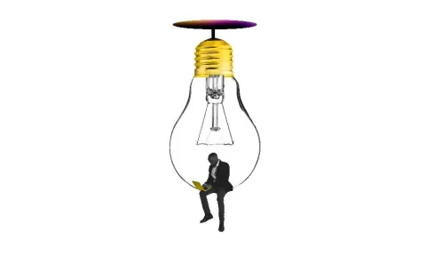 Branded image with a businessman on a laptop, perched in a lightbulb