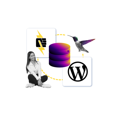 A collage featuring a woman, a humming bird and WordPress and Pantheon logos.