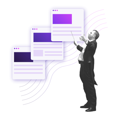A collage of web browser windows floating around a person in a suit, resembling a conductor orchestrating content management.