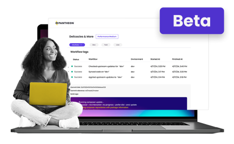 A collage featuring a smiling person with a yellow laptop sitting on top of another laptop with an enlarged screen featuring Beta in purple. 