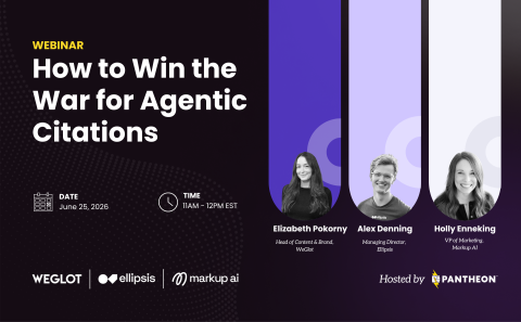 A webinar invitation with speaker headshots and date (June 25) for the How to Win the War for Agentic Citations webinar.