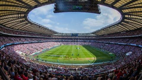 Aerial view of a packed Stadium during a rugby match