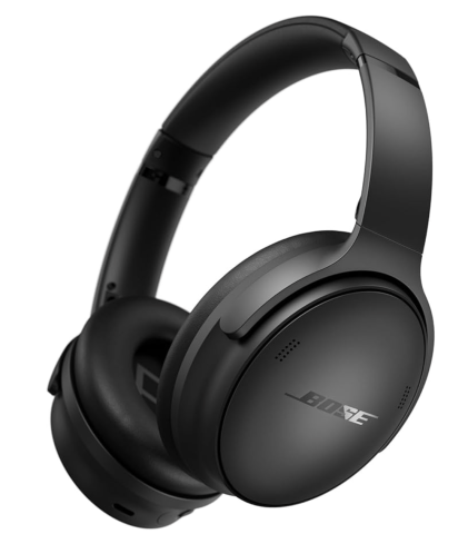 Black Bose wireless noise-canceling headphones on a white background