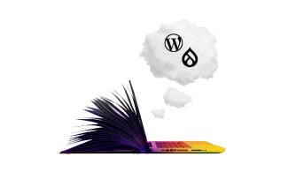 An open laptop with the WordPress and Drupal logos emerging from it