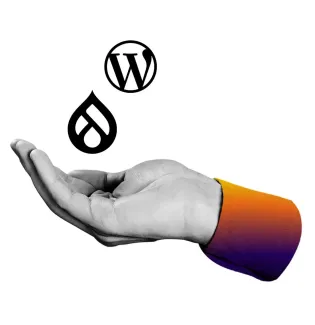 Hand holding Drupal and WordPress logos
