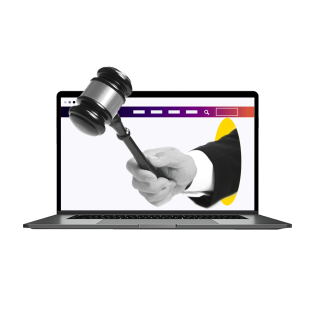 Judge hand with gavel on laptop screen